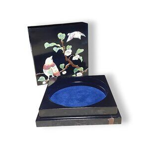 Japanese Raden Mother of Pearl Tea Flowers and Cassowaries Lacquer Jewelry Box